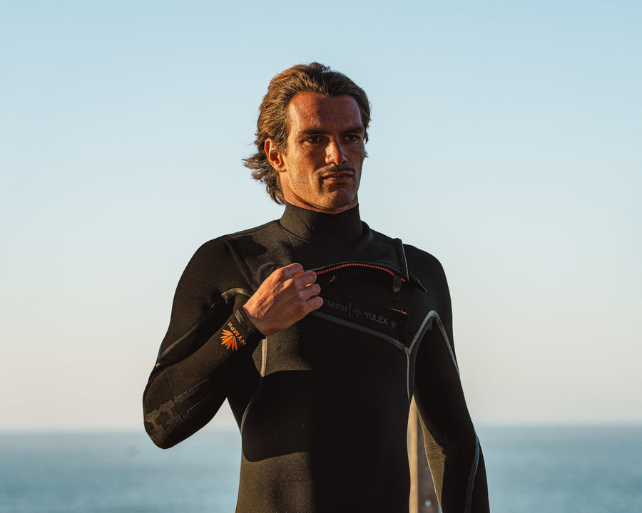 Close-up of back zip and chest zip entries on a surfing wetsuit