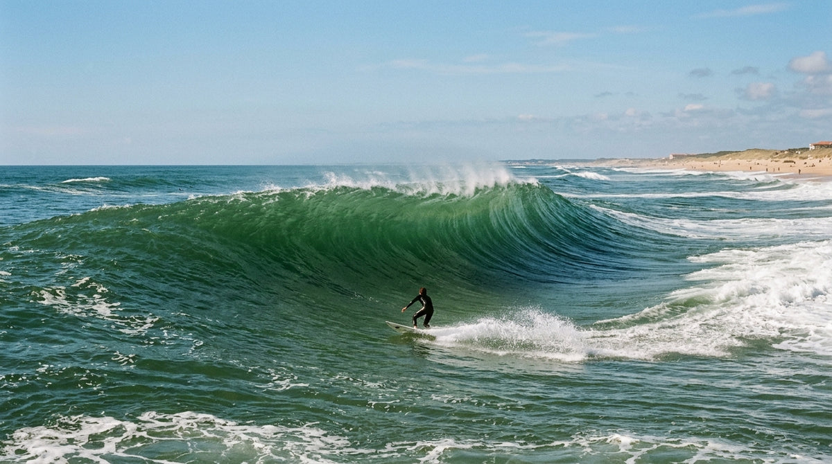 surfeur au loin qui engage un bottom turn au bas d une vague verte, cote landaise