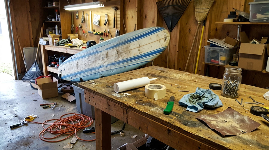 Flexible filler, masking tape, a knife and sandpaper laid out on a workbench