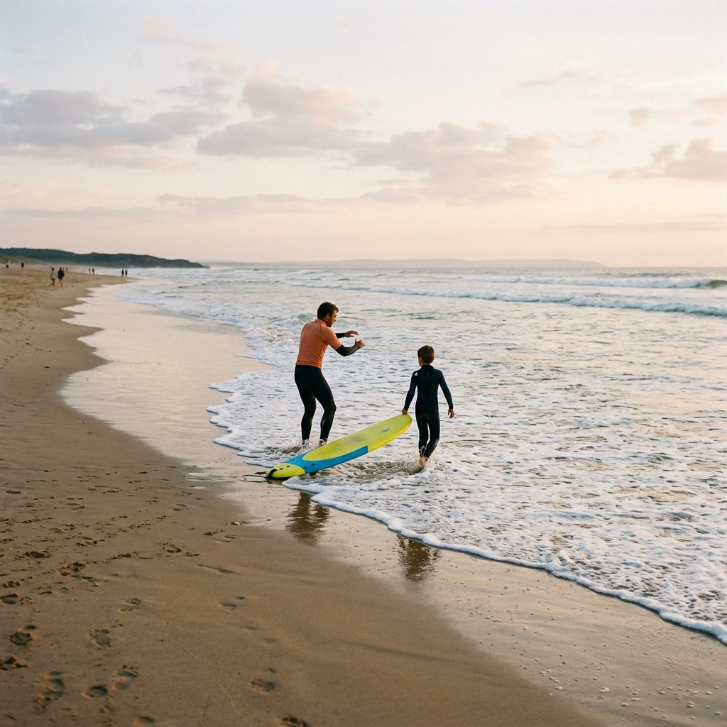 Enfant de dos apprenant a surfer avec un adulte sur une planche en mousse