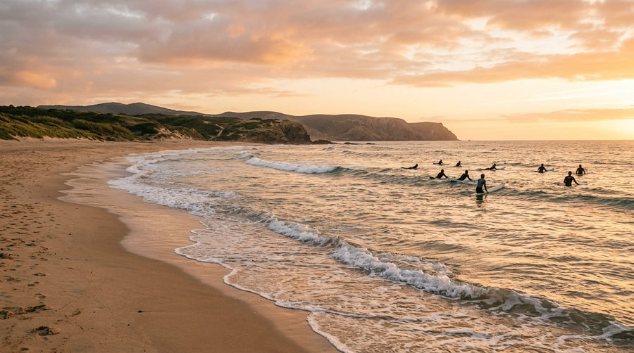 Atlantic beach break suited to beginners at sunset