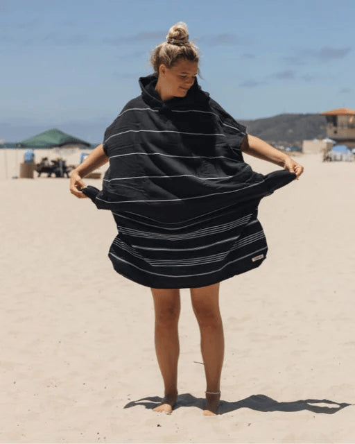 BEACH TOWEL SAND CLOUD Classic Stripe Hooded Poncho Black