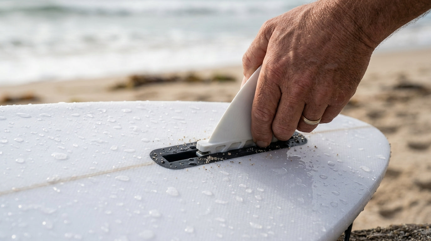 Boitier de derive sous une planche de surf, systeme de fixation