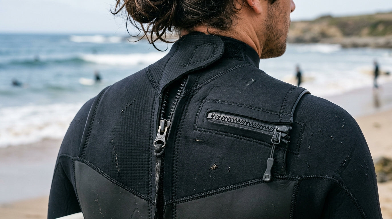 Détail des fermetures back zip et chest zip d'une combinaison de surf