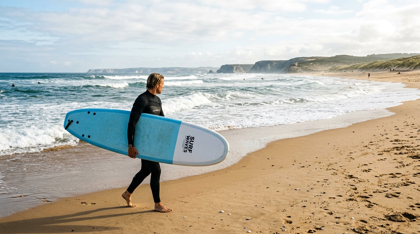 Surfeur en combinaison néoprène marchant vers l'eau avec sa planche de surf en mousse
