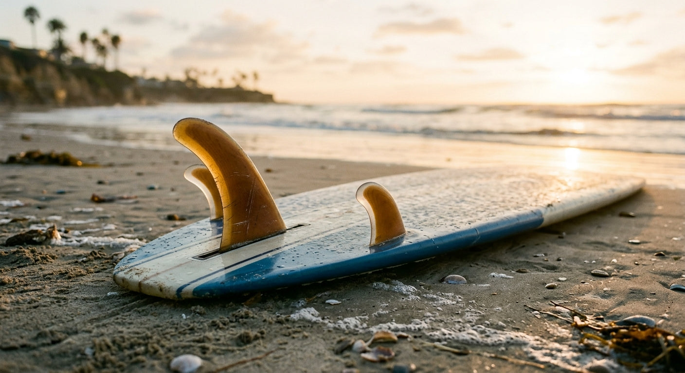 Dérives sous une planche de surf retournée sur le sable, rôle d'accroche et de drive