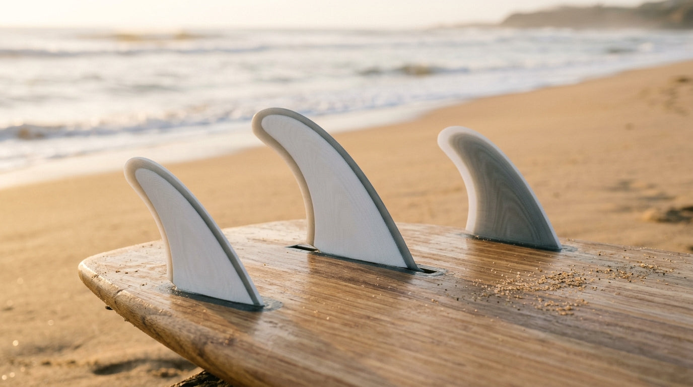 Jeu de derives de surf pose sur une planche au bord de la plage