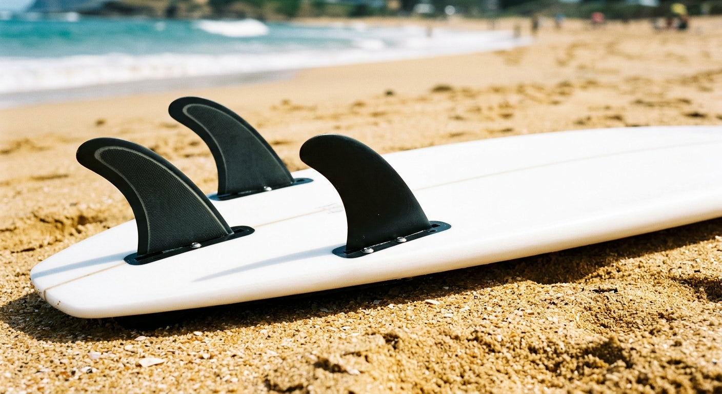 Trois dérives de surf en montage thruster sous une planche blanche sur la plage