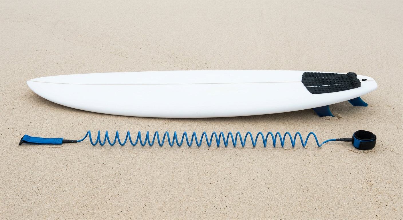 Planche de surf en mousse et leash enroulé côte à côte sur le sable