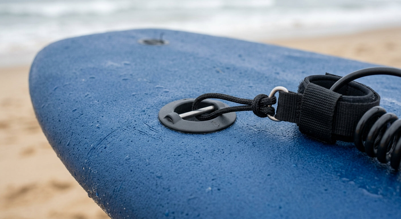 Gros plan du plug de leash et de la ficelle à l'arrière d'une planche en mousse