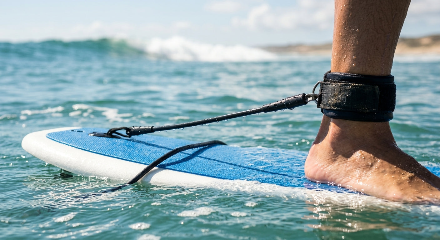 Gros plan d'un leash reliant la cheville du surfeur à sa planche en mousse dans l'eau