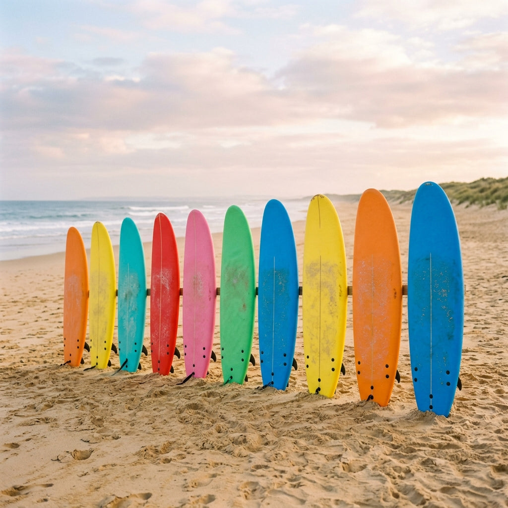 Quiver de softboards en mousse colores plantes dans le sable