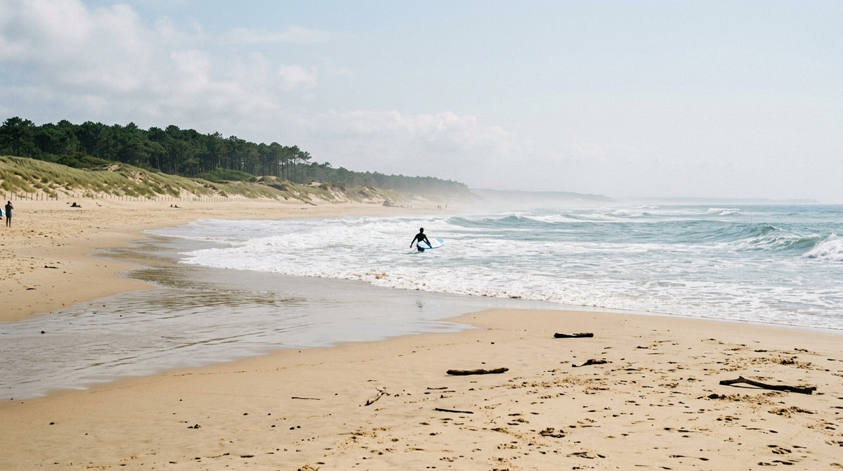 plage des Landes ensoleillee avec un surfeur au loin qui rame sur un softboard