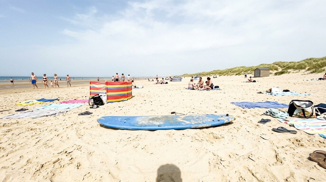 A foam surfboard lying on the sand of a sunny beach