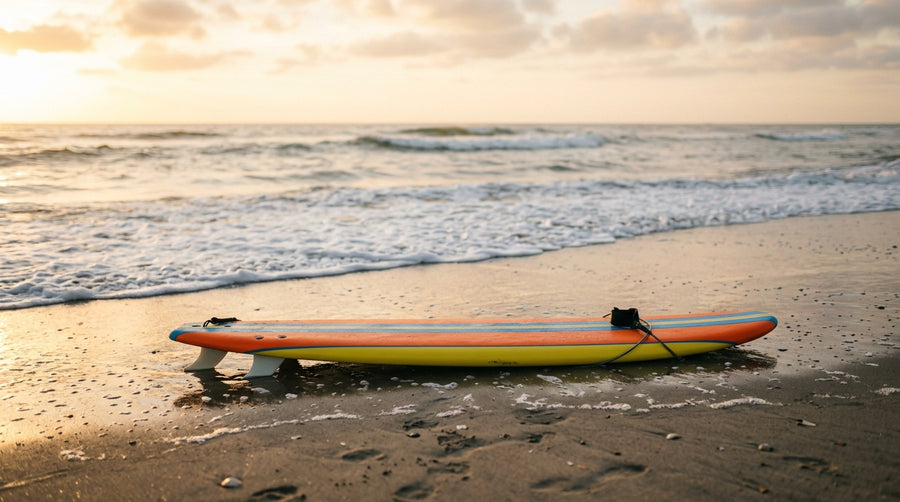 Child at the water’s edge with a foam soft-top