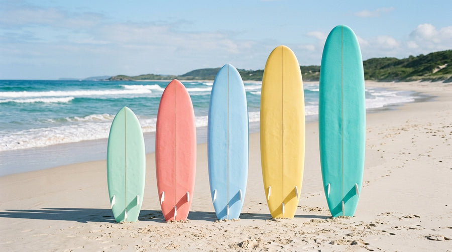 Kids foam surfboards in different sizes lined up